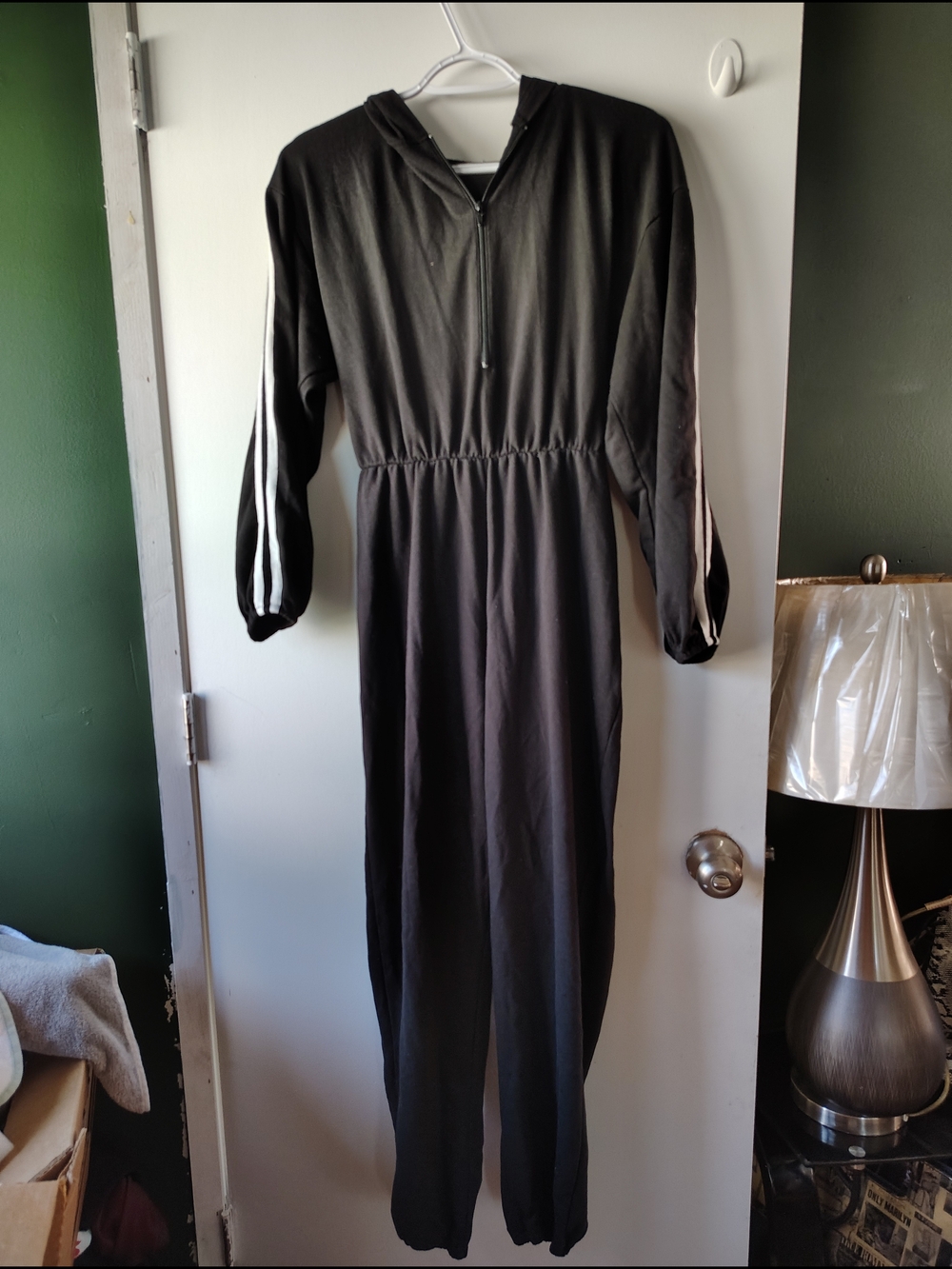 Tiana B. Black Hooded Jumpsuit with White Stripe Sleeves